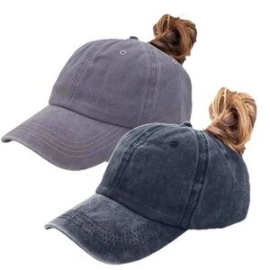 NWOT 2 Pk Women’s High-Ponytail Baseball Caps Gray/Blk Distressed Adjustable